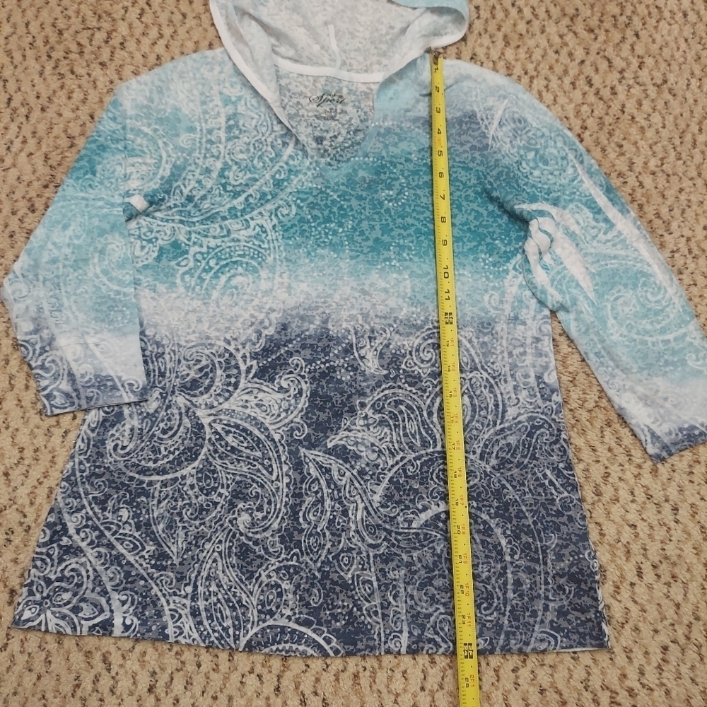 Style & Co Sport Women PM Lightweight Hoodie Blue Paisley Burnout 3/4 Sleeves - Picture 3 of 12